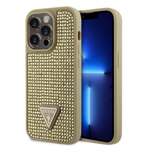 Apple iPhone 15 Pro Kılıf Guess Taşlı Üçgen Logolu Kapak Gold