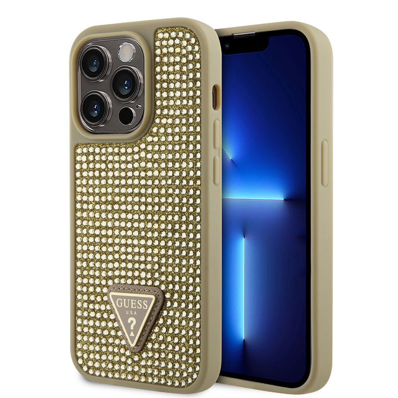 Apple iPhone 15 Pro Kılıf Guess Taşlı Üçgen Logolu Kapak Gold