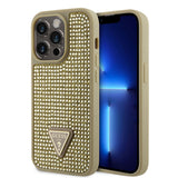 Apple iPhone 15 Pro Kılıf Guess Taşlı Üçgen Logolu Kapak Gold