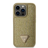 Apple iPhone 15 Pro Kılıf Guess Taşlı Üçgen Logolu Kapak Gold