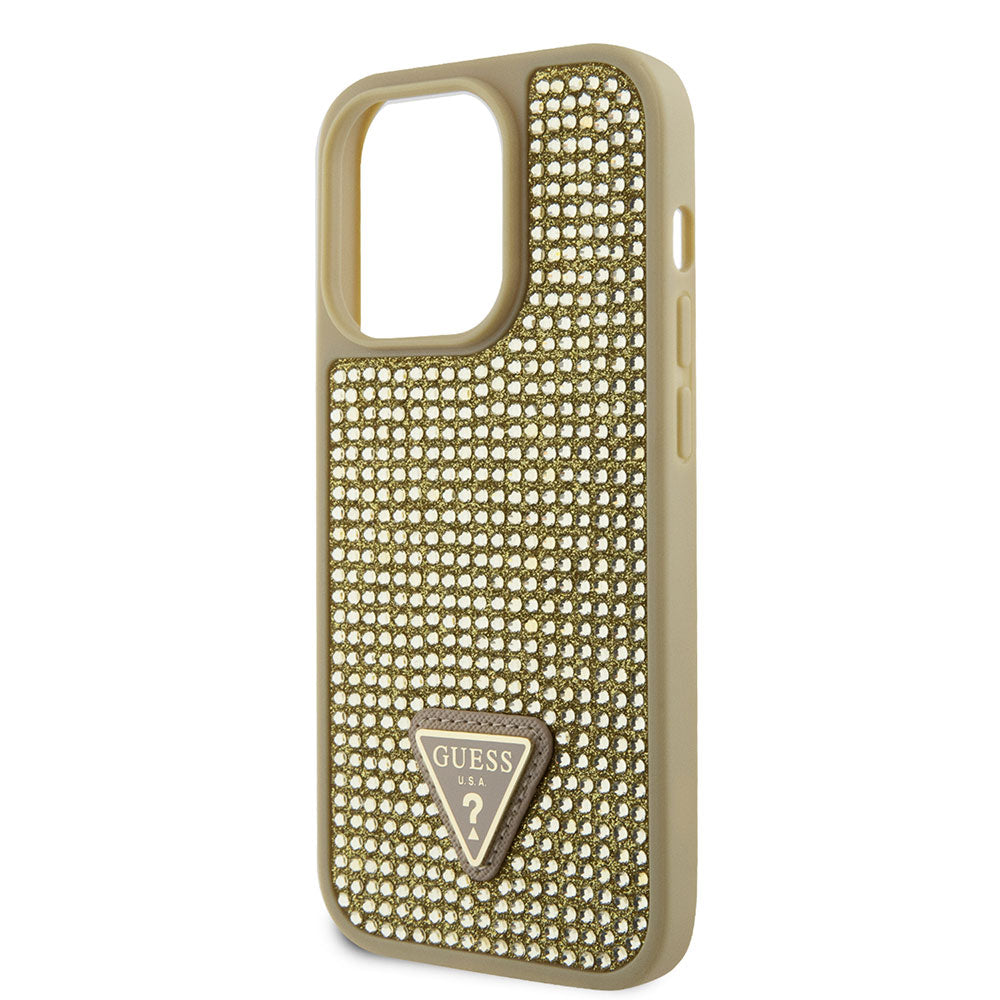 Apple iPhone 15 Pro Kılıf Guess Taşlı Üçgen Logolu Kapak Gold