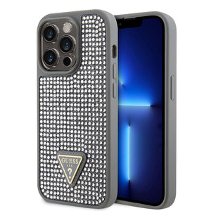 Apple iPhone 15 Pro Kılıf Guess Taşlı Üçgen Logolu Kapak Gümüş