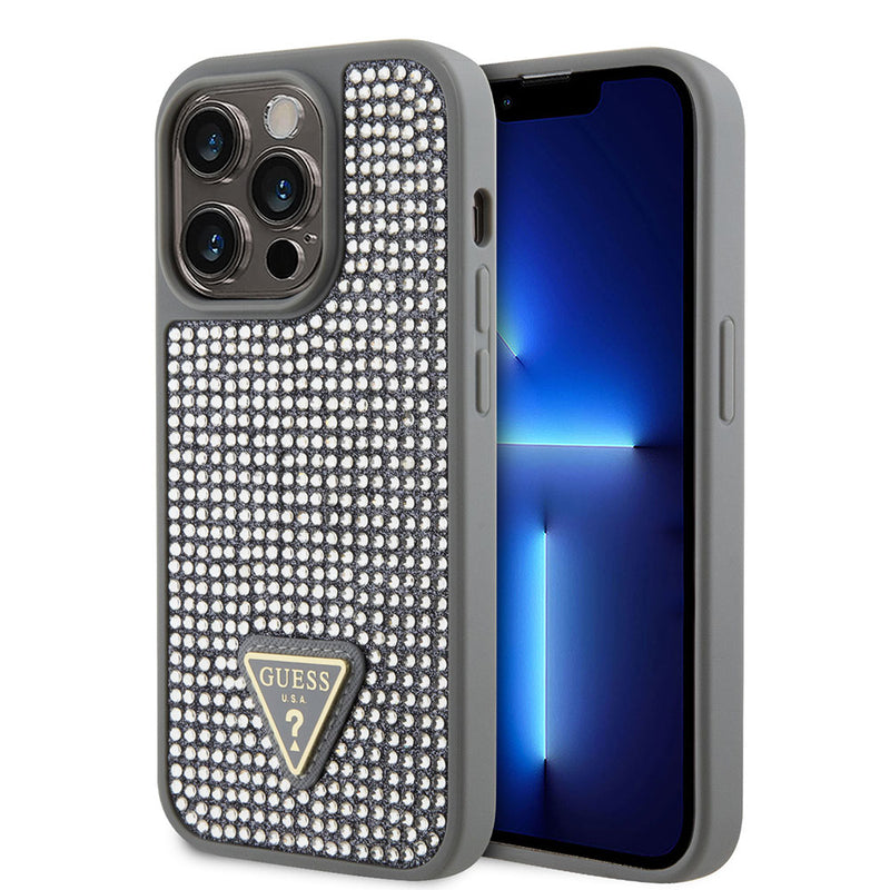 Apple iPhone 15 Pro Kılıf Guess Taşlı Üçgen Logolu Kapak Gümüş