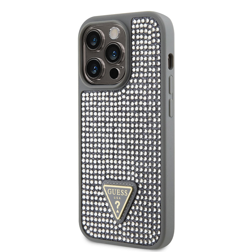 Apple iPhone 15 Pro Kılıf Guess Taşlı Üçgen Logolu Kapak Gümüş