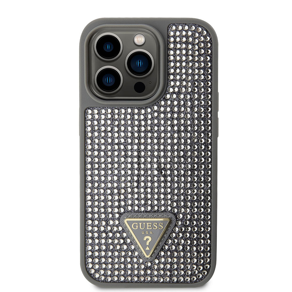Apple iPhone 15 Pro Kılıf Guess Taşlı Üçgen Logolu Kapak Gümüş