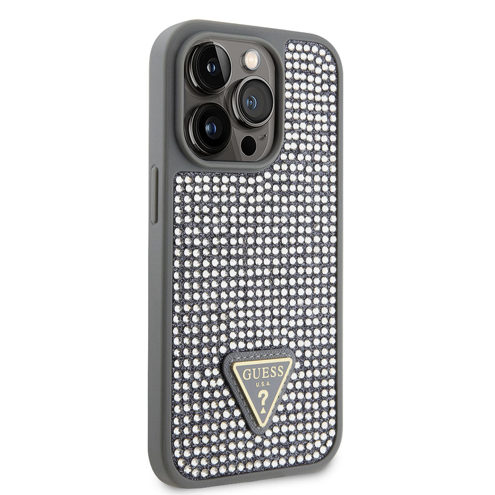 Apple iPhone 15 Pro Kılıf Guess Taşlı Üçgen Logolu Kapak Gümüş