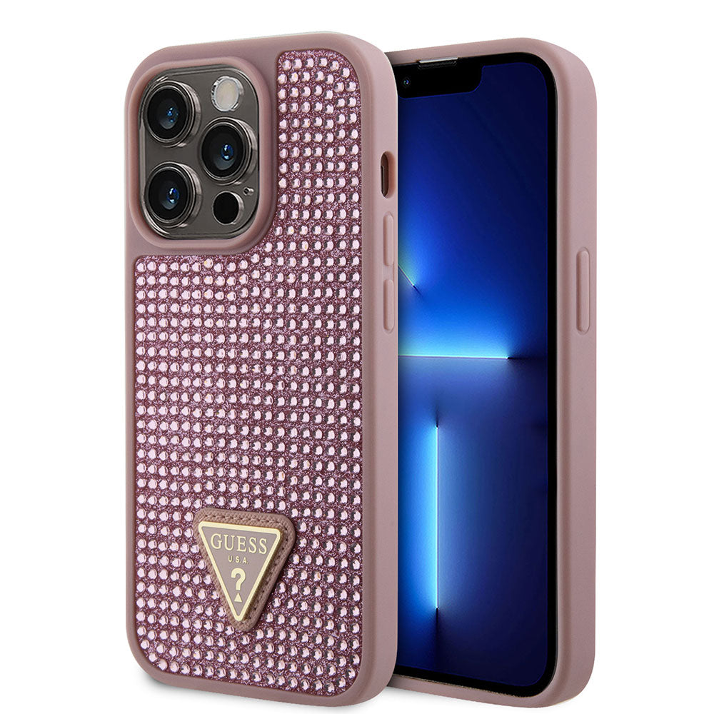 Apple iPhone 15 Pro Kılıf Guess Taşlı Üçgen Logolu Kapak Pembe