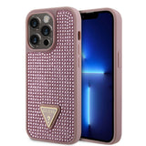 Apple iPhone 15 Pro Max Kılıf Guess Taşlı Üçgen Logolu Kapak Pembe