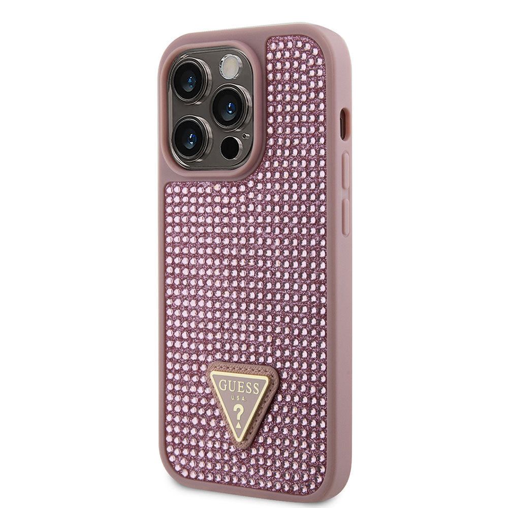 Apple iPhone 15 Pro Kılıf Guess Taşlı Üçgen Logolu Kapak Pembe