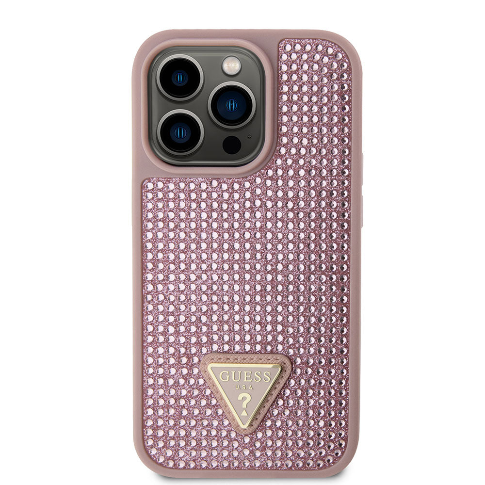 Apple iPhone 15 Pro Kılıf Guess Taşlı Üçgen Logolu Kapak Pembe