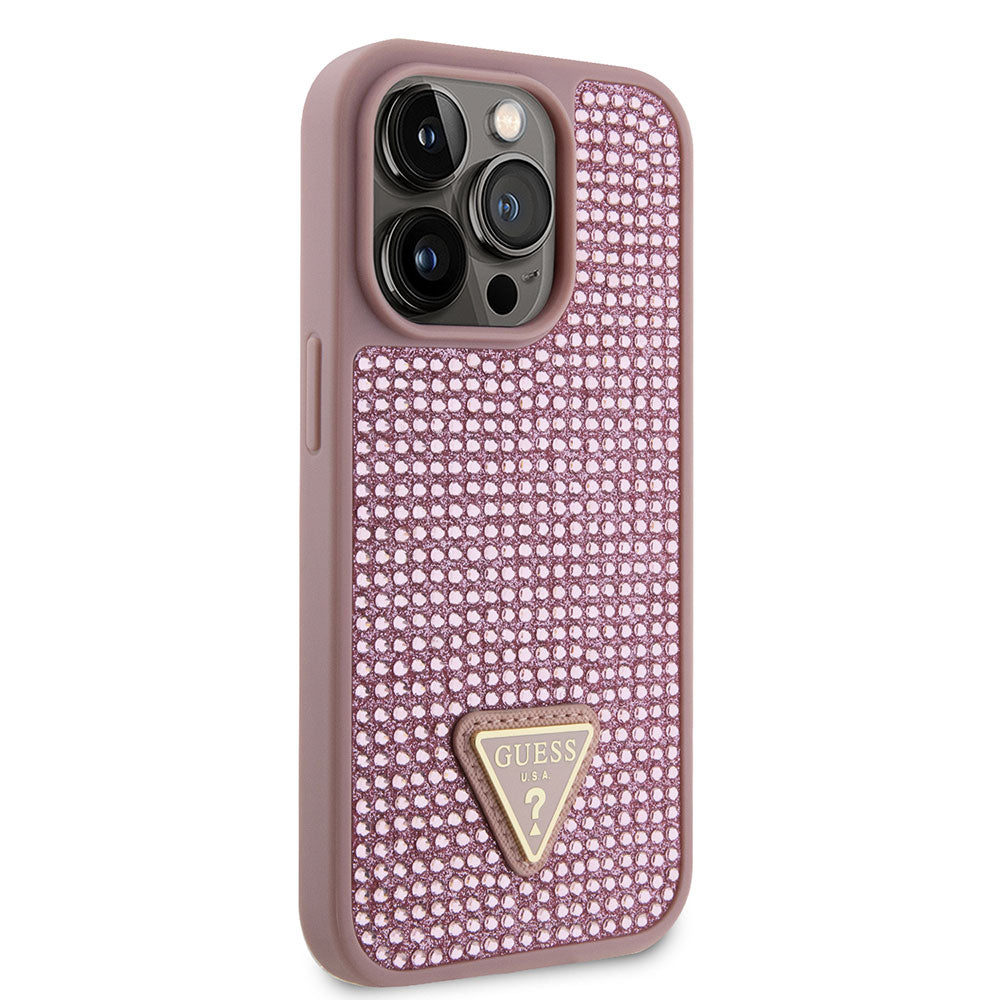 Apple iPhone 15 Pro Kılıf Guess Taşlı Üçgen Logolu Kapak Pembe