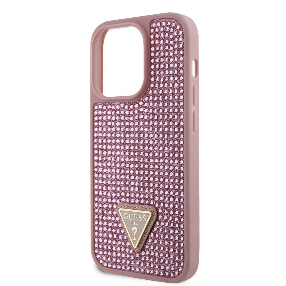 Apple iPhone 15 Pro Kılıf Guess Taşlı Üçgen Logolu Kapak Pembe