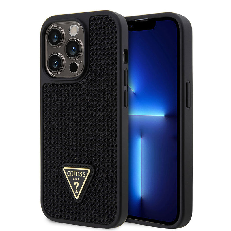 Apple iPhone 15 Pro Kılıf Guess Taşlı Üçgen Logolu Kapak Siyah