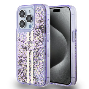 Apple iPhone 15 Pro Kılıf Guess Transparan Sıvılı ve Simli Çizgili Kapak Mor