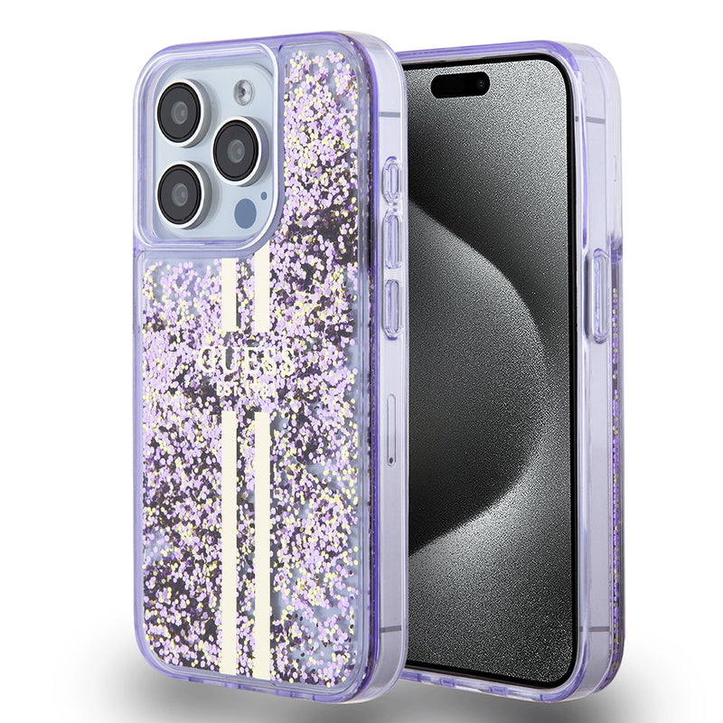 Apple iPhone 15 Pro Kılıf Guess Transparan Sıvılı ve Simli Çizgili Kapak Mor