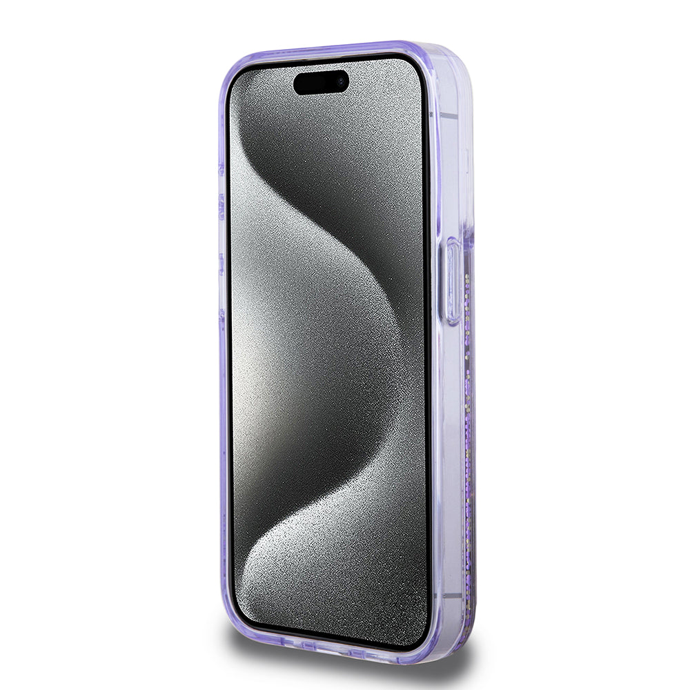 Apple iPhone 15 Pro Kılıf Guess Transparan Sıvılı ve Simli Çizgili Kapak Mor