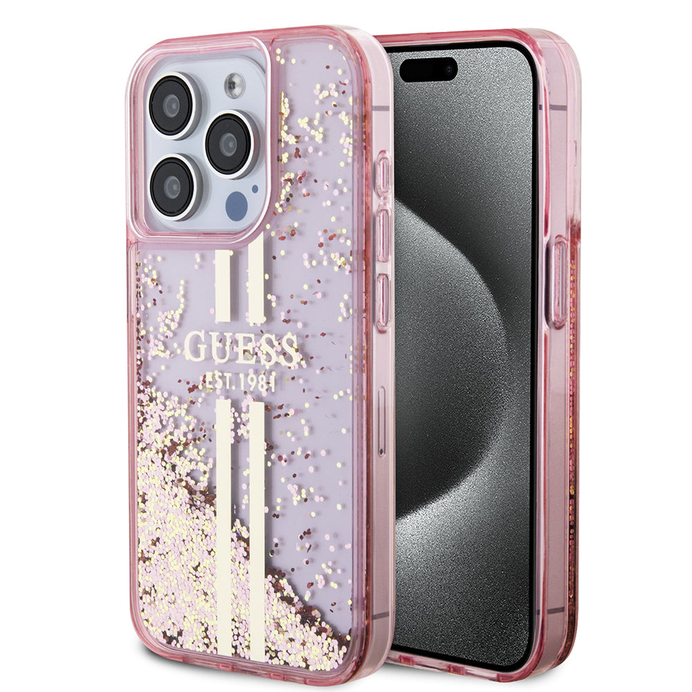 Apple iPhone 15 Pro Kılıf Guess Transparan Sıvılı ve Simli Çizgili Kapak Pembe