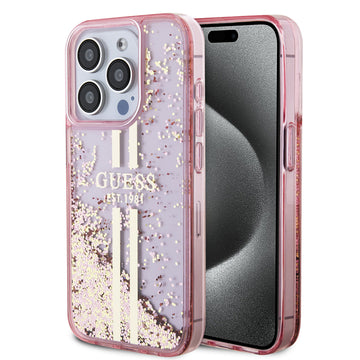 Apple iPhone 15 Pro Kılıf Guess Transparan Sıvılı ve Simli Çizgili Kapak Pembe
