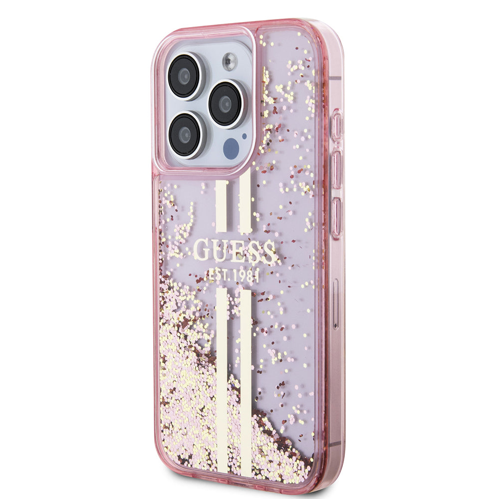 Apple iPhone 15 Pro Kılıf Guess Transparan Sıvılı ve Simli Çizgili Kapak Pembe