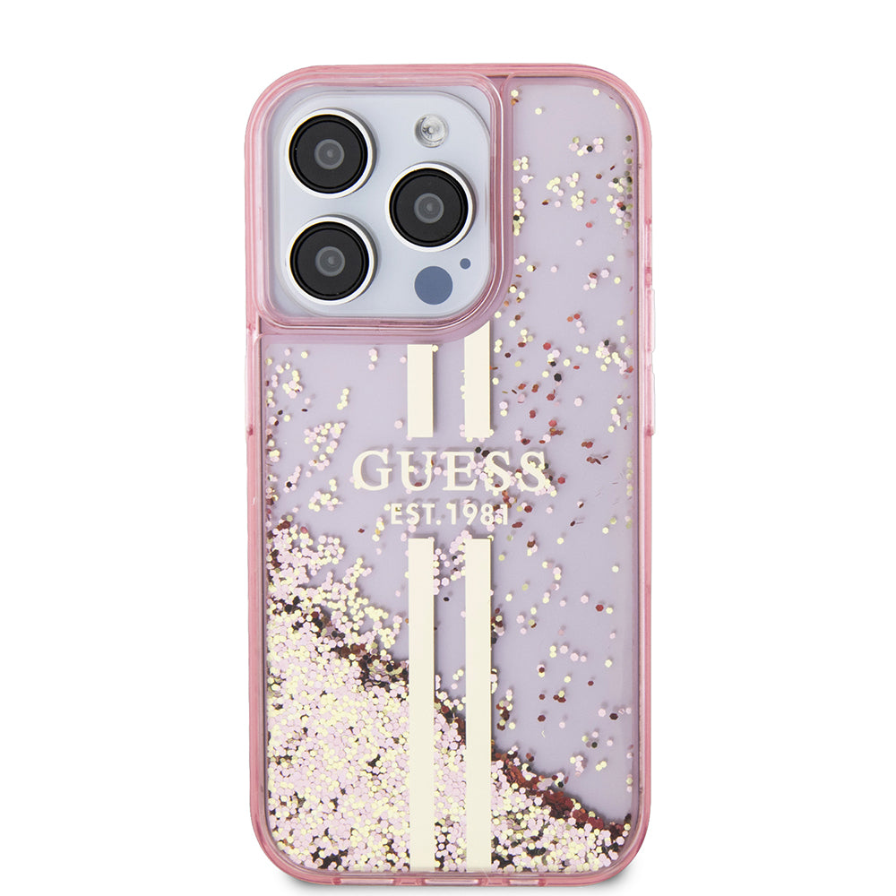 Apple iPhone 15 Pro Kılıf Guess Transparan Sıvılı ve Simli Çizgili Kapak Pembe