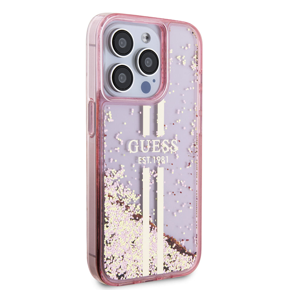 Apple iPhone 15 Pro Kılıf Guess Transparan Sıvılı ve Simli Çizgili Kapak Pembe
