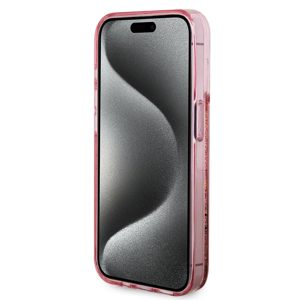 Apple iPhone 15 Pro Kılıf Guess Transparan Sıvılı ve Simli Çizgili Kapak Pembe