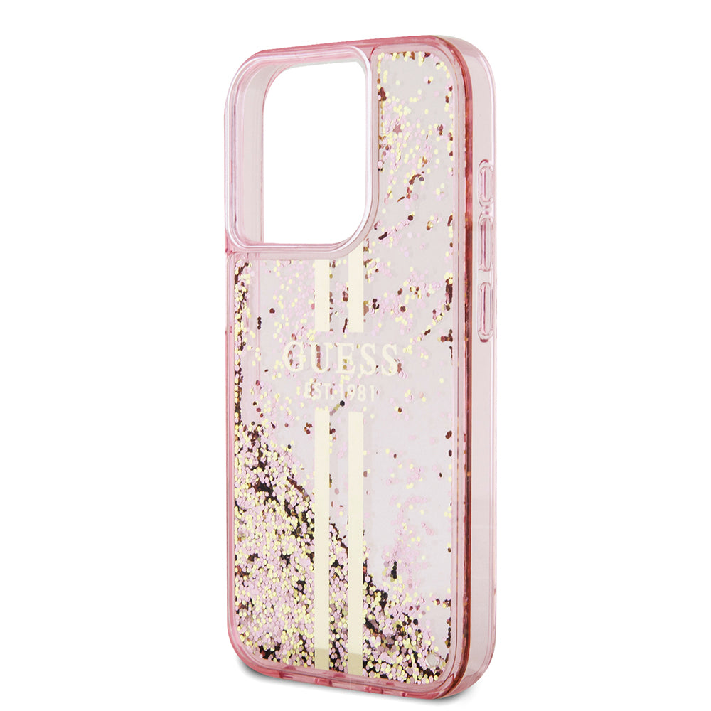 Apple iPhone 15 Pro Kılıf Guess Transparan Sıvılı ve Simli Çizgili Kapak Pembe
