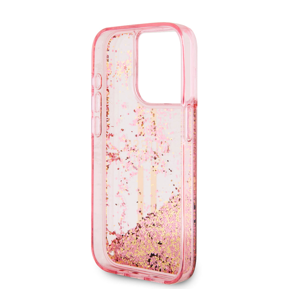 Apple iPhone 15 Pro Kılıf Guess Transparan Sıvılı ve Simli Çizgili Kapak Pembe