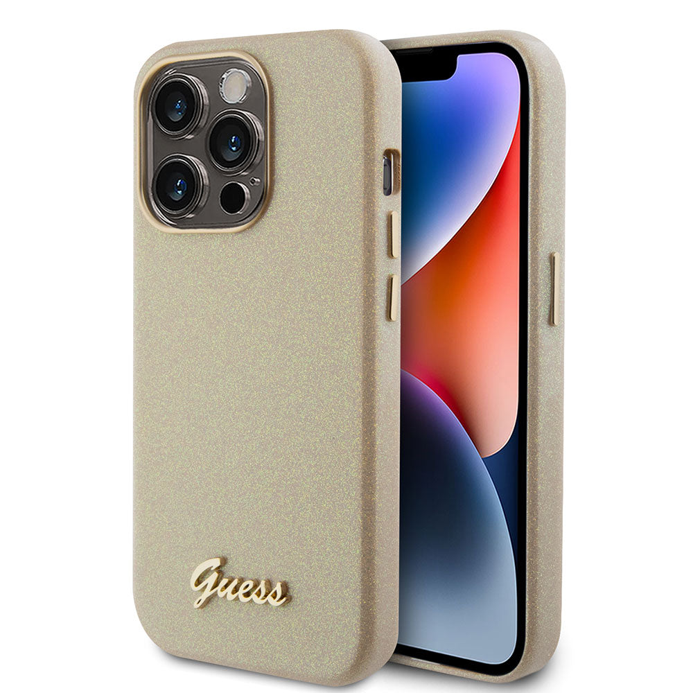 Apple iPhone 15 Pro Max Kılıf Guess Yazı Logolu Glitter Glossy Script Kapak Gold