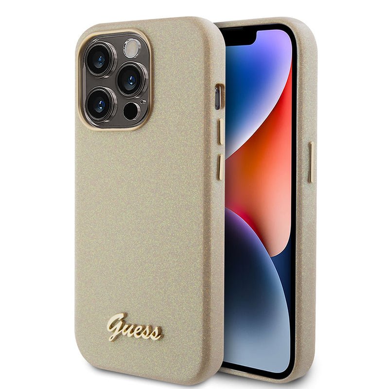 Apple iPhone 15 Pro Max Kılıf Guess Yazı Logolu Glitter Glossy Script Kapak Gold