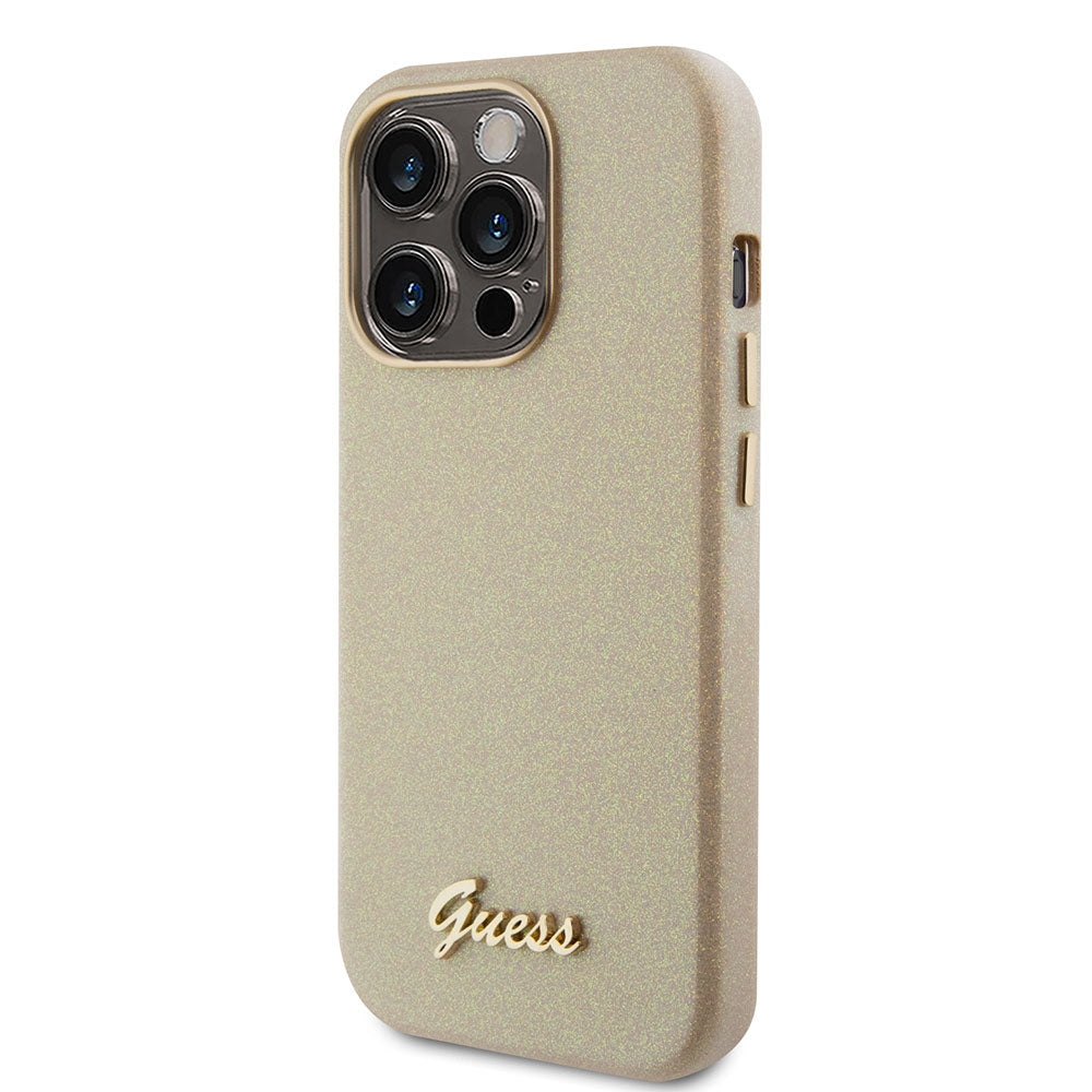 Apple iPhone 15 Pro Max Kılıf Guess Yazı Logolu Glitter Glossy Script Kapak Gold