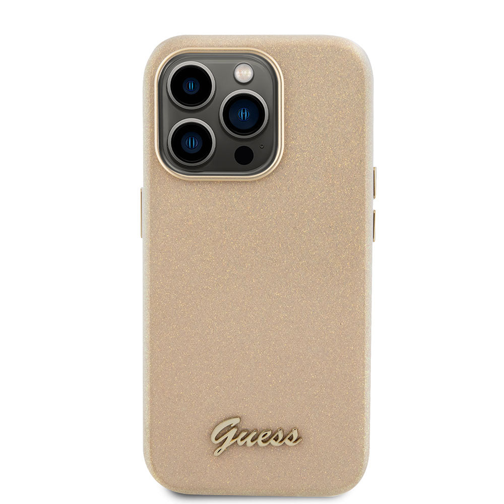 Apple iPhone 15 Pro Max Kılıf Guess Yazı Logolu Glitter Glossy Script Kapak Gold