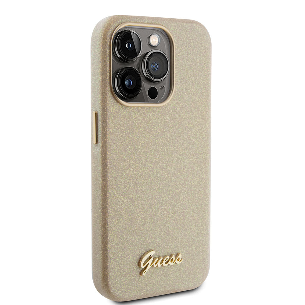 Apple iPhone 15 Pro Max Kılıf Guess Yazı Logolu Glitter Glossy Script Kapak Gold