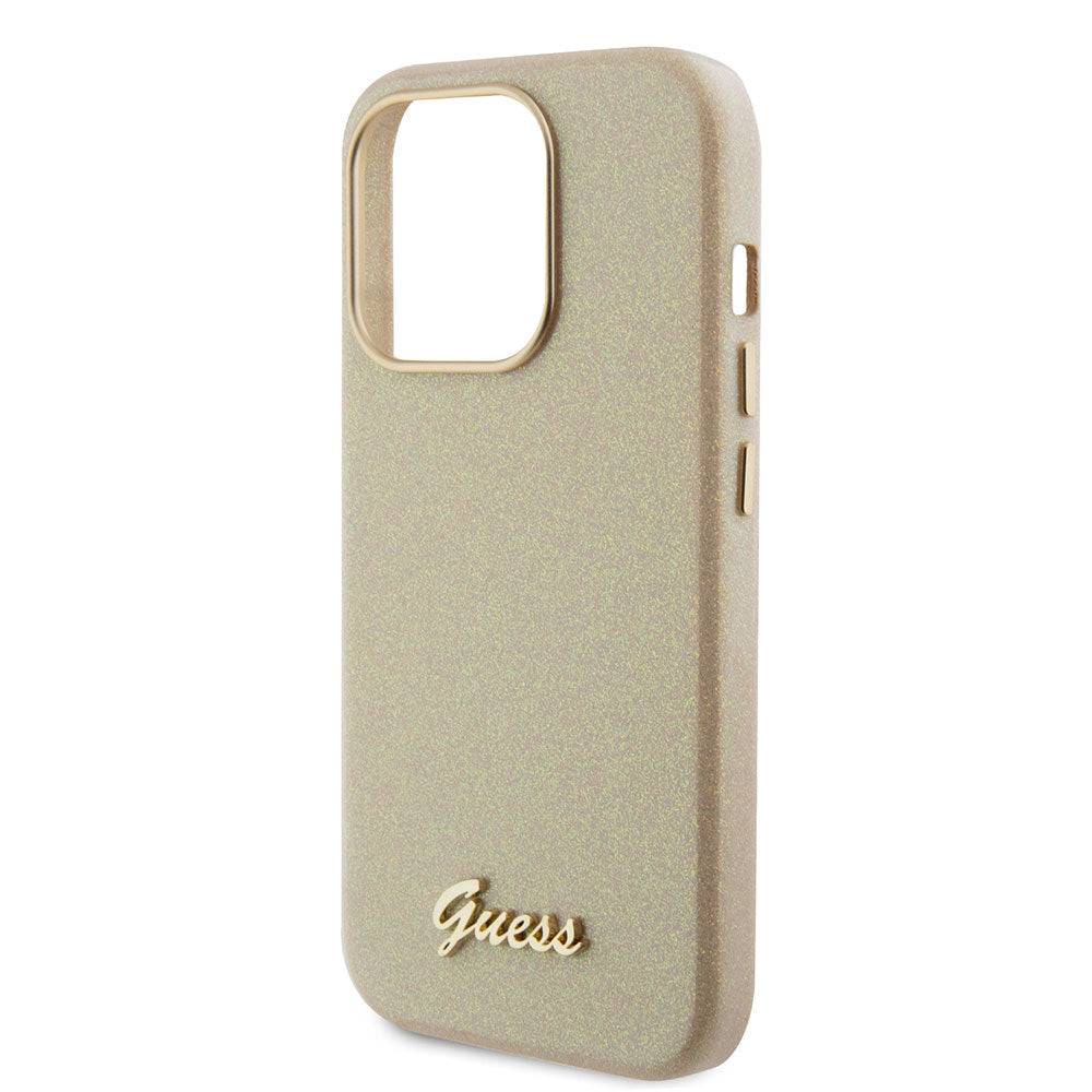 Apple iPhone 15 Pro Max Kılıf Guess Yazı Logolu Glitter Glossy Script Kapak Gold