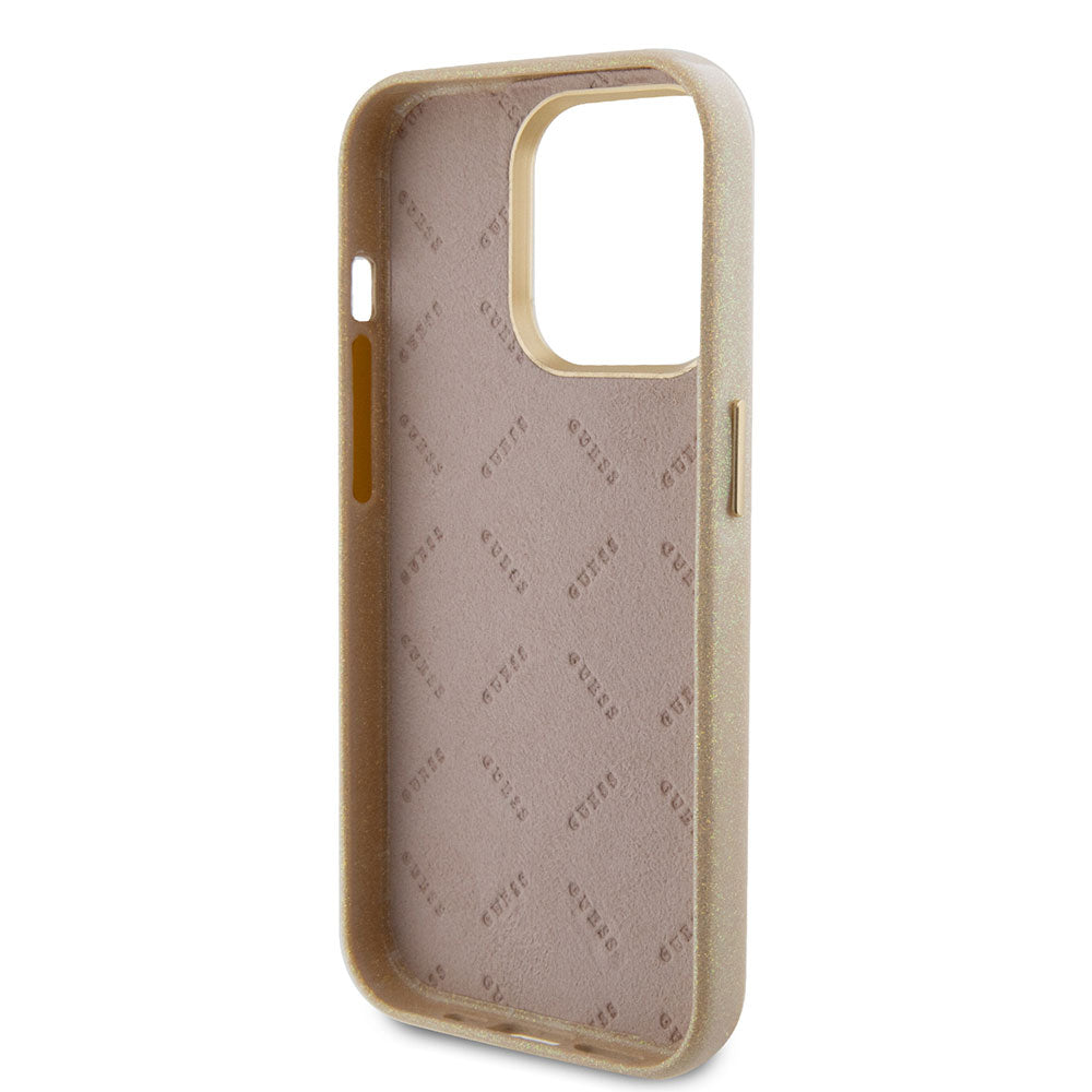 Apple iPhone 15 Pro Max Kılıf Guess Yazı Logolu Glitter Glossy Script Kapak Gold