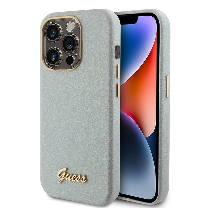 Apple iPhone 15 Pro Max Kılıf Guess Yazı Logolu Glitter Glossy Script Kapak Gri