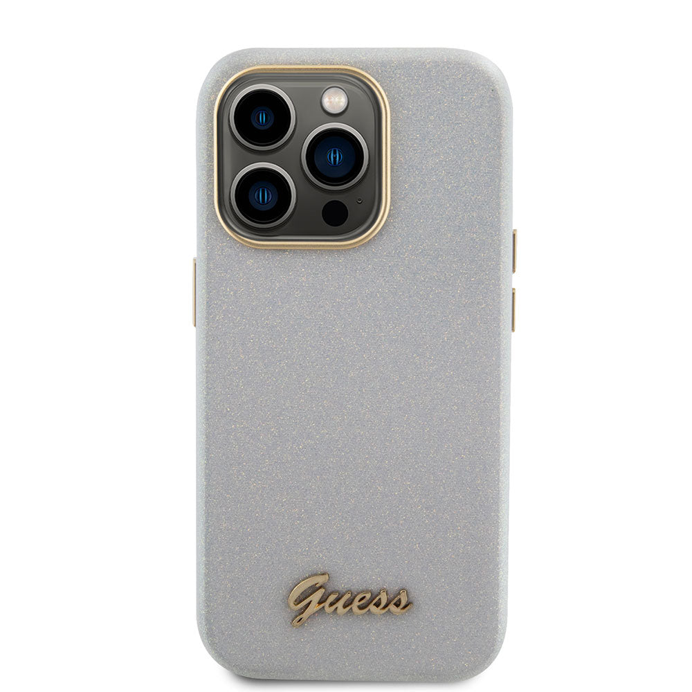 Apple iPhone 15 Pro Kılıf Guess Yazı Logolu Glitter Glossy Script Kapak Gri