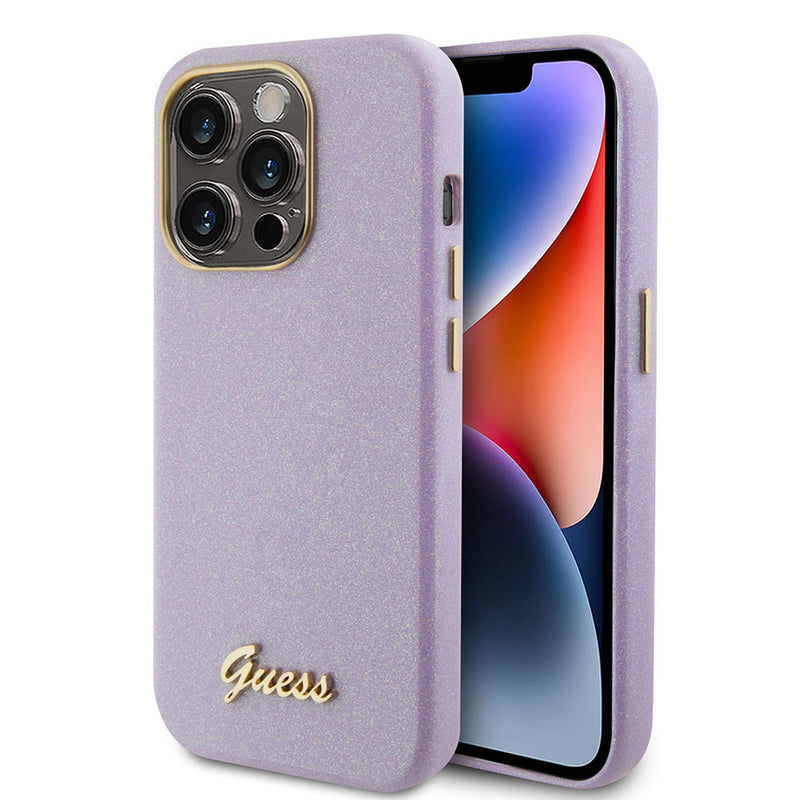 Apple iPhone 15 Pro Max Kılıf Guess Yazı Logolu Glitter Glossy Script Kapak Lila