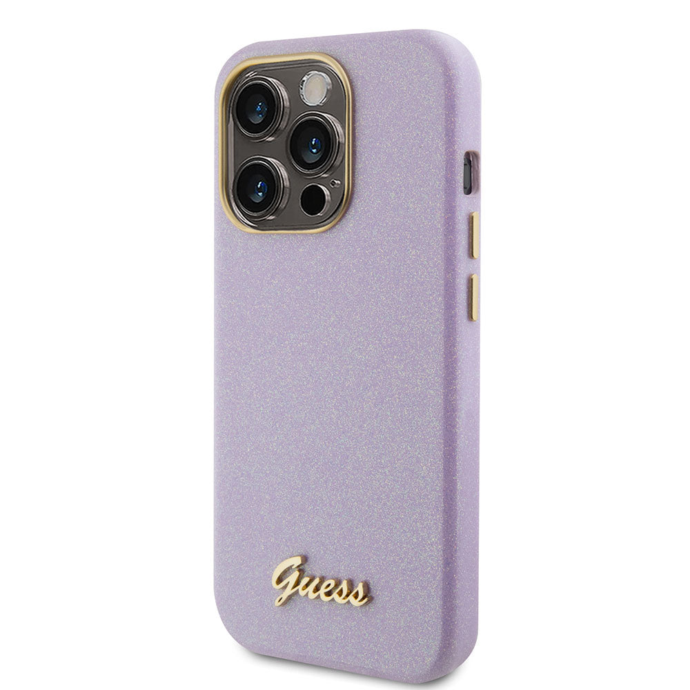 Apple iPhone 15 Pro Max Kılıf Guess Yazı Logolu Glitter Glossy Script Kapak Lila