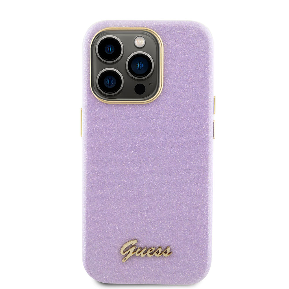 Apple iPhone 15 Pro Max Kılıf Guess Yazı Logolu Glitter Glossy Script Kapak Lila