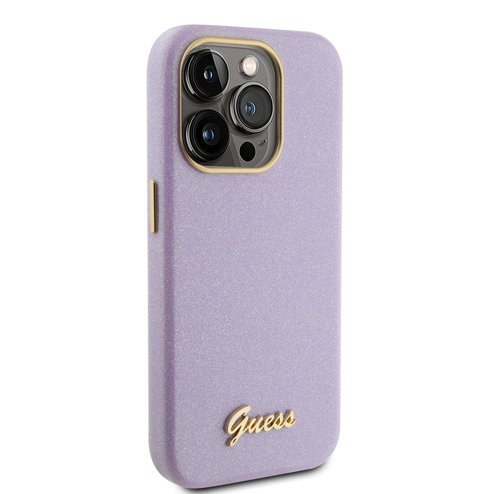 Apple iPhone 15 Pro Max Kılıf Guess Yazı Logolu Glitter Glossy Script Kapak Lila