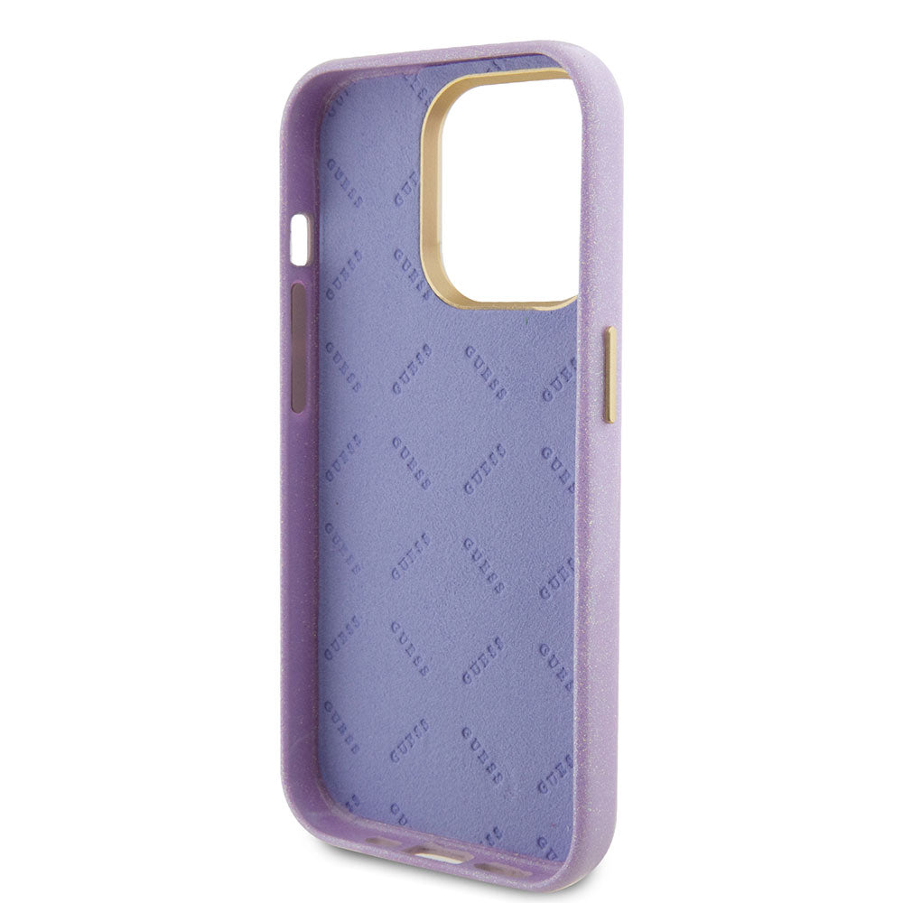 Apple iPhone 15 Pro Max Kılıf Guess Yazı Logolu Glitter Glossy Script Kapak Lila