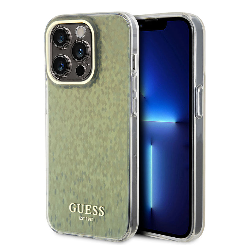 Apple iPhone 15 Pro Max Kılıf Guess Yazı Logolu Mirror Disco Kapak Gold