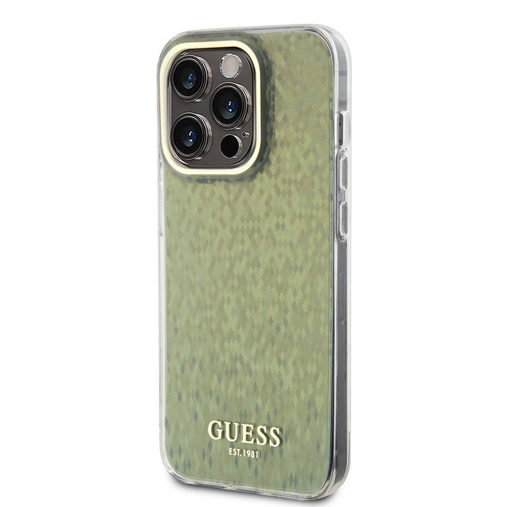 Apple iPhone 15 Pro Kılıf Guess Yazı Logolu Mirror Disco Kapak Gold