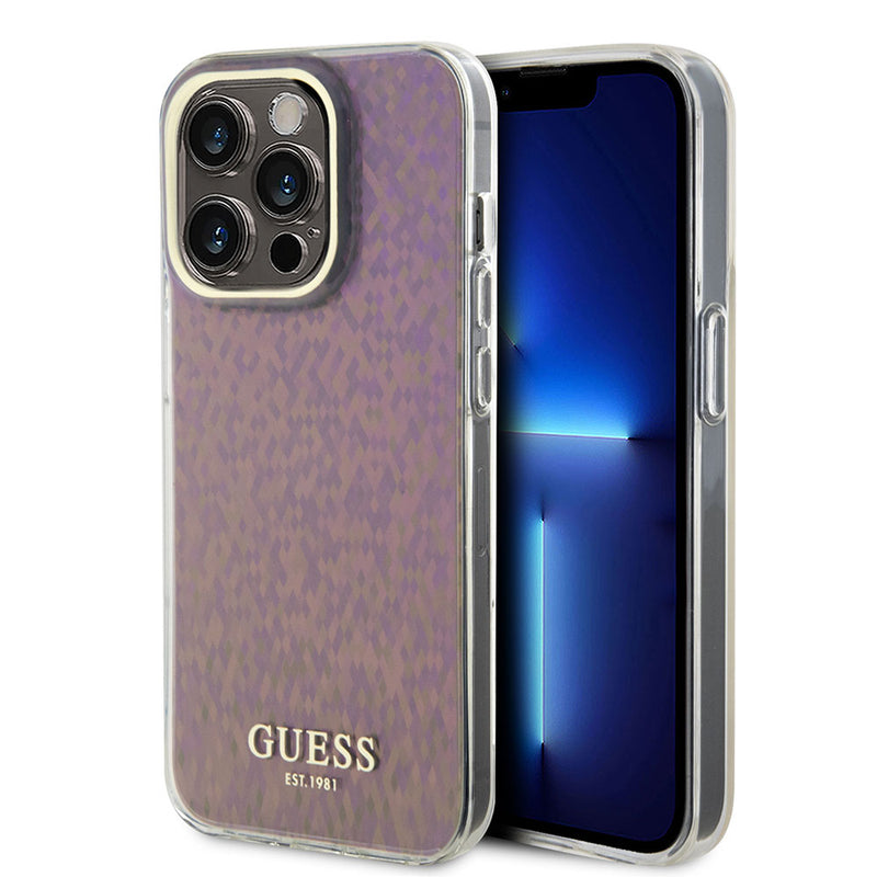Apple iPhone 15 Pro Max Kılıf Guess Yazı Logolu Mirror Disco Kapak Pembe