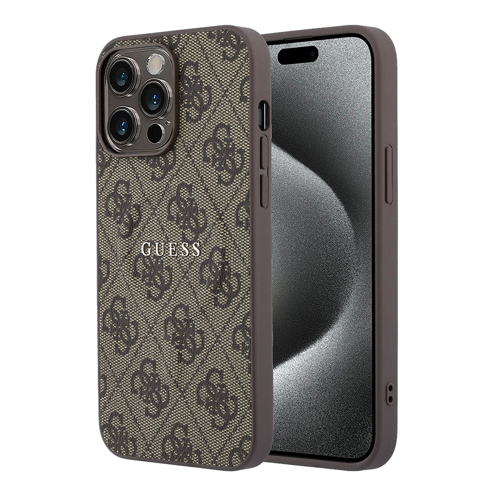 Apple iPhone 15 Pro Max Kılıf Guess M-safe Kabartmalı 4G Desenli Yazı Logolu Kapak Kahverengi