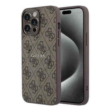 Apple iPhone 15 Pro Max Kılıf Guess M-safe Kabartmalı 4G Desenli Yazı Logolu Kapak Kahverengi