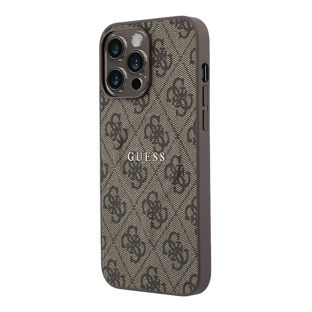 Apple iPhone 15 Pro Max Kılıf Guess M-safe Kabartmalı 4G Desenli Yazı Logolu Kapak Kahverengi