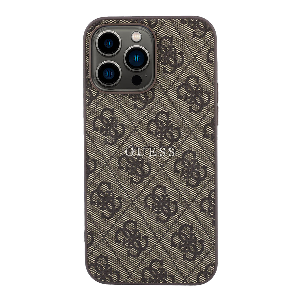 Apple iPhone 15 Pro Max Kılıf Guess M-safe Kabartmalı 4G Desenli Yazı Logolu Kapak Kahverengi