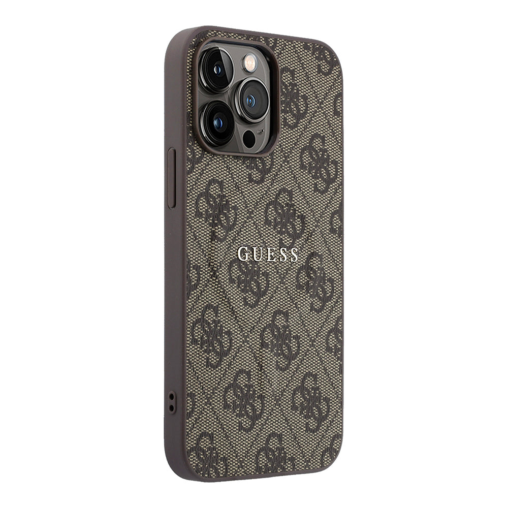 Apple iPhone 15 Pro Max Kılıf Guess M-safe Kabartmalı 4G Desenli Yazı Logolu Kapak Kahverengi